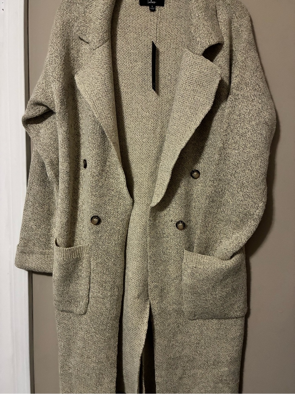 Lulu's Double-Breasted Knit Trench Coatigan in Heather Beige